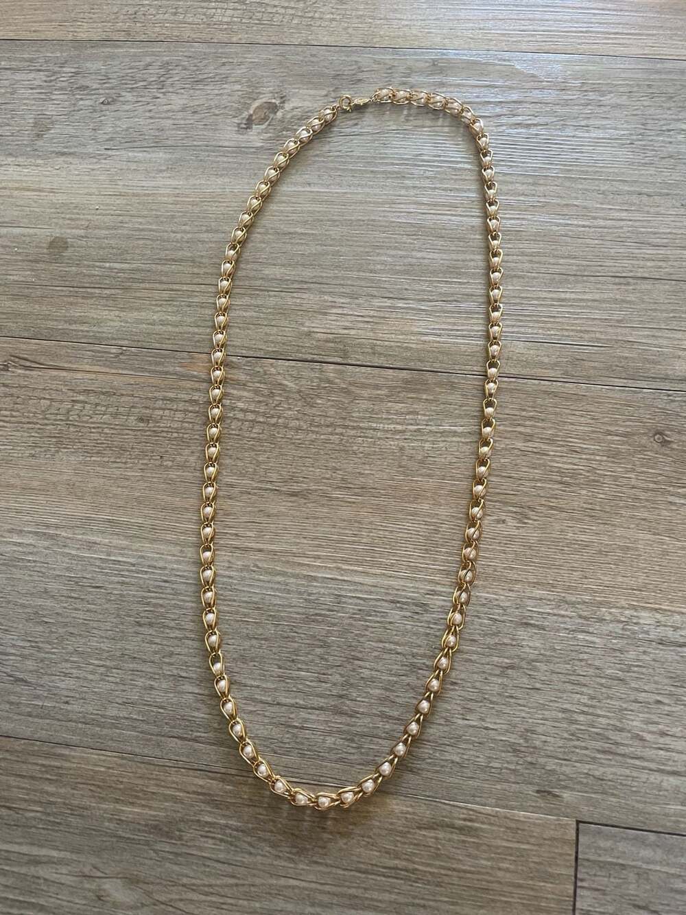 Vintage Napier Gold Tone Faux Pearl Cage Link Long Necklace - Picture 4 of 4